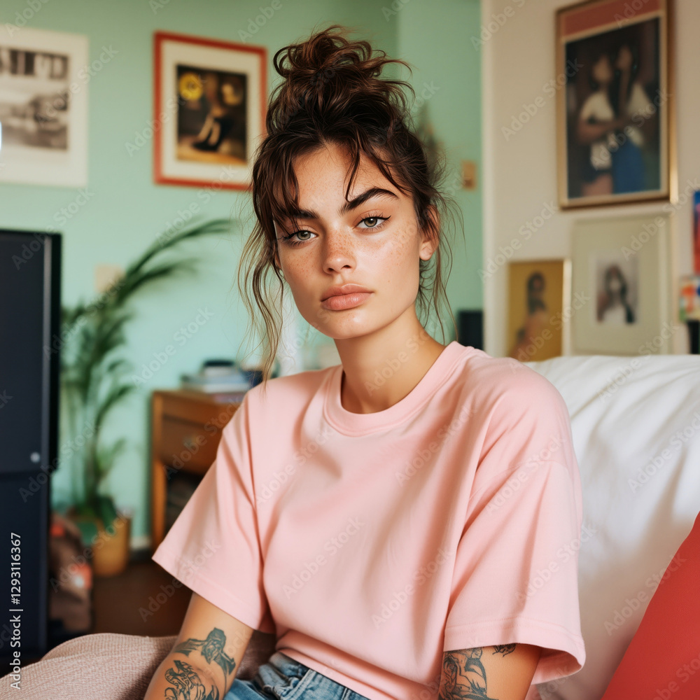 Young girl with messy bun, in oversized pink shirt sitting on coach in modern living room. Women's short sleeve t-shirt mockup. Female model, holiday, birthday, urban lifestyle tee template, indoors Young girl with messy bun, in oversized pink shirt sitting on coach in modern living room. Women's short sleeve t-shirt mockup. Female model, holiday, birthday, urban lifestyle tee template, indoors