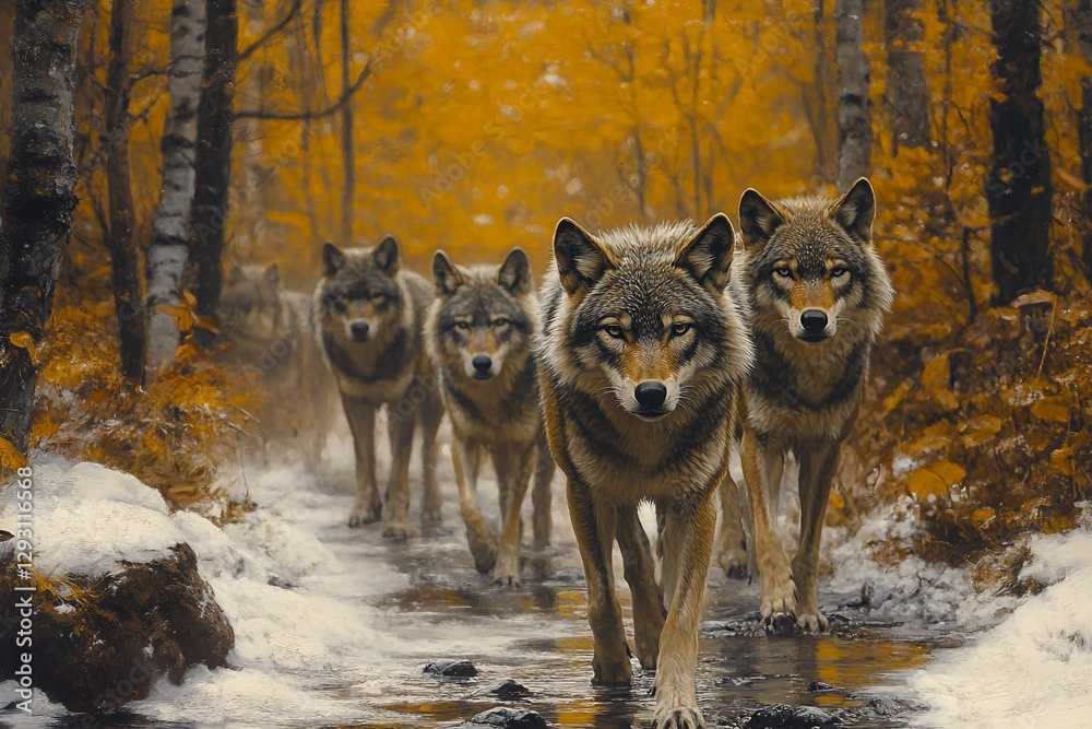 Naklejka premium The wolf pack's journey through the golden autumn forest's edge