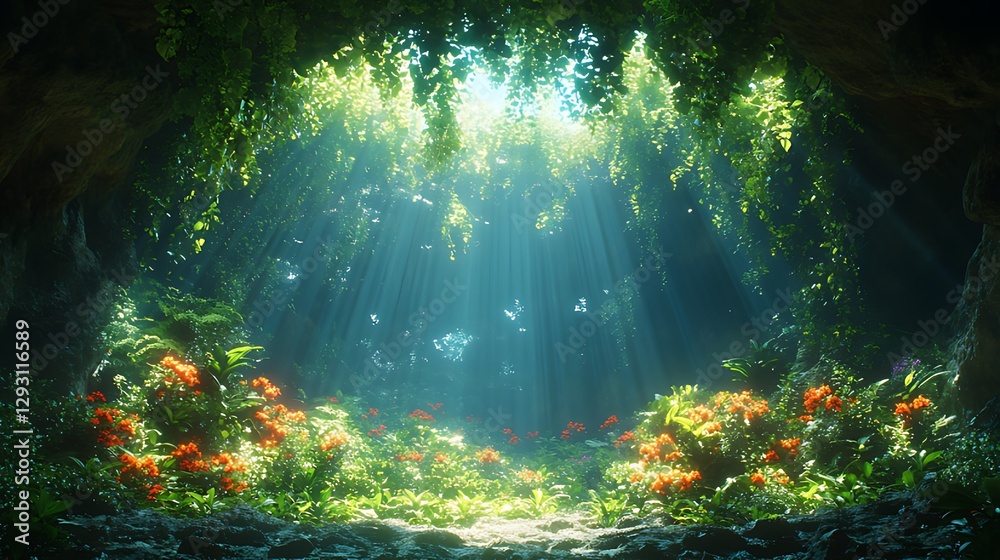 Fototapeta premium Sunbeams illuminate lush jungle cave flora