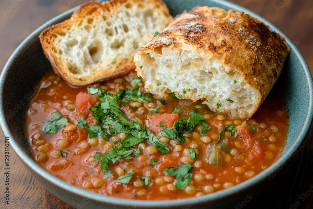 Lentil soup with toasted bread in a bowl on wooden table