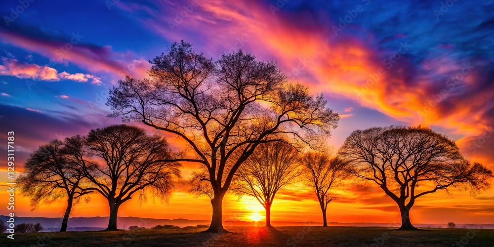 Obraz premium Majestic Silhouette of Trees at Sunset, Dark Forest Landscape Photography