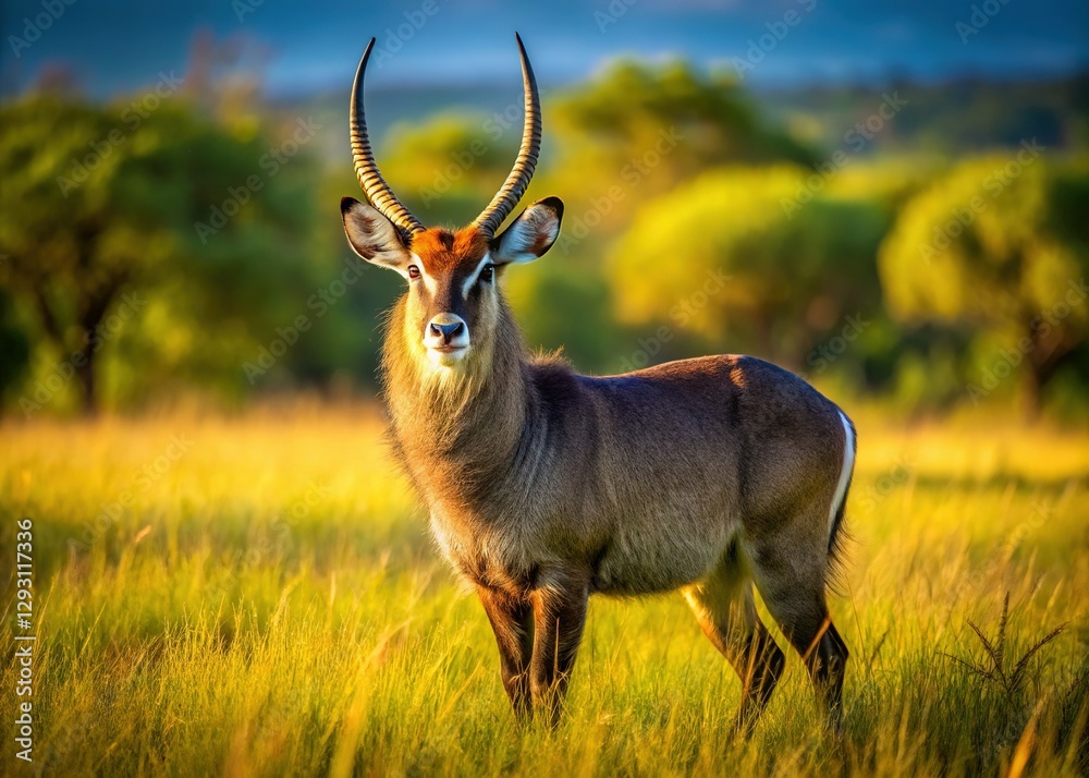 Fototapeta premium Majestic Waterbuck Grazing in Lush South African Veldt - Wildlife Photography