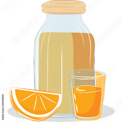 This image shows a juice bottle and a juice glass with orange slices. It is suitable for use during the Ramadan festival to add freshness and health during the fasting period.