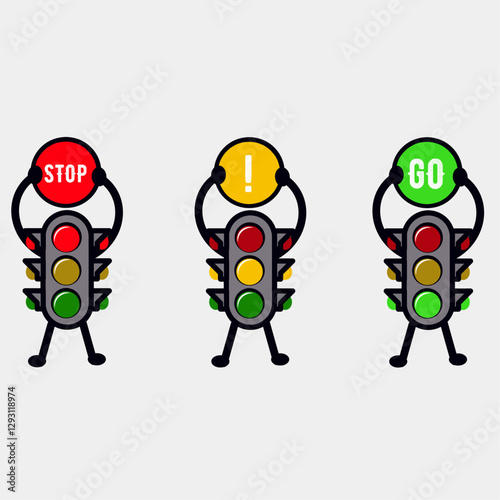 Traffic light character. Semaphores cartoon mascots, trafficlight characters green yellow red signal stop wait go command for school children road control rules vector illustration