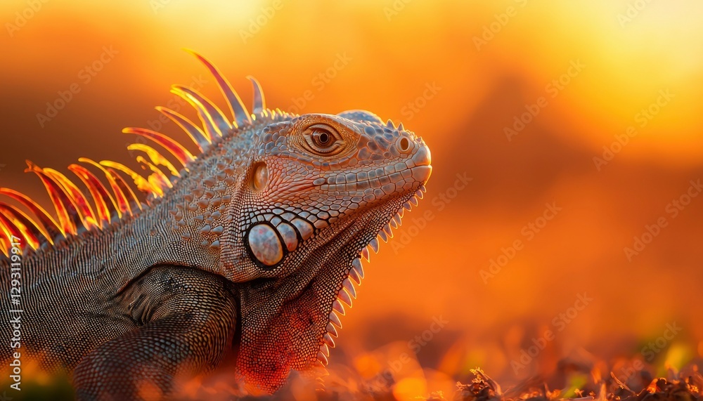 Fototapeta premium Iguana basking in the golden sunset glow