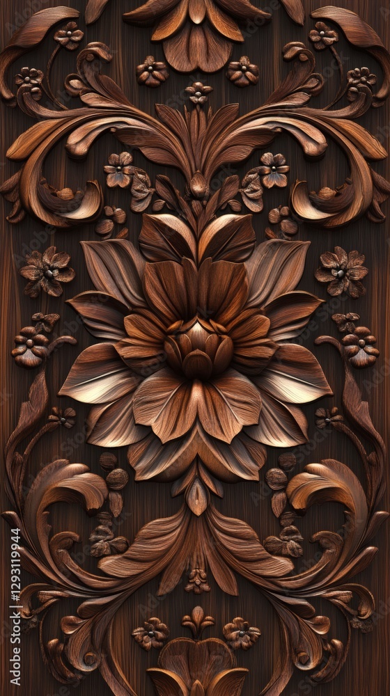 Stunning Wood Carving Design: Ornate Floral Patterns on Dark Wood Stunning Wood Carving Design: Ornate Floral Patterns on Dark Wood