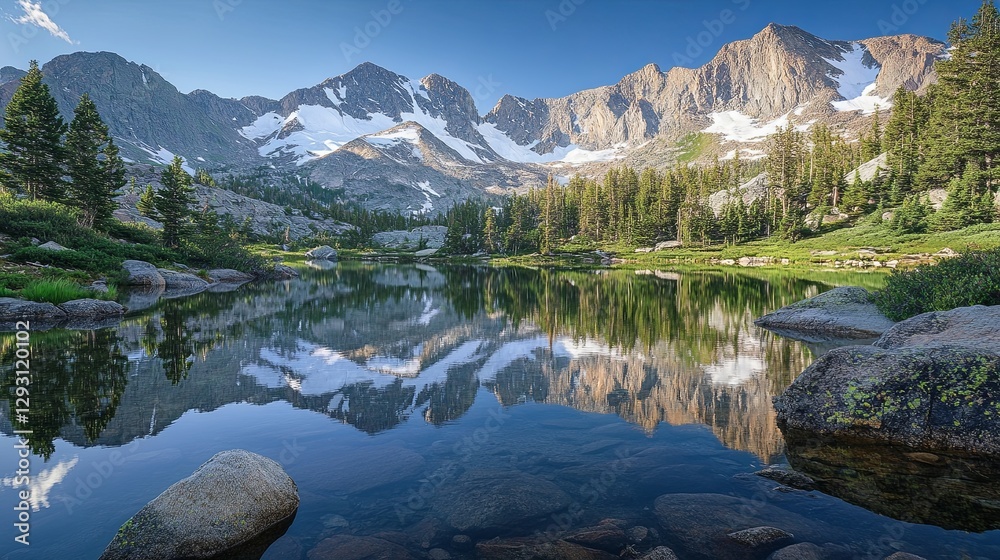 Naklejka premium A serene mountain lake with soft reflections of snow-capped peaks under a clear sky. picture