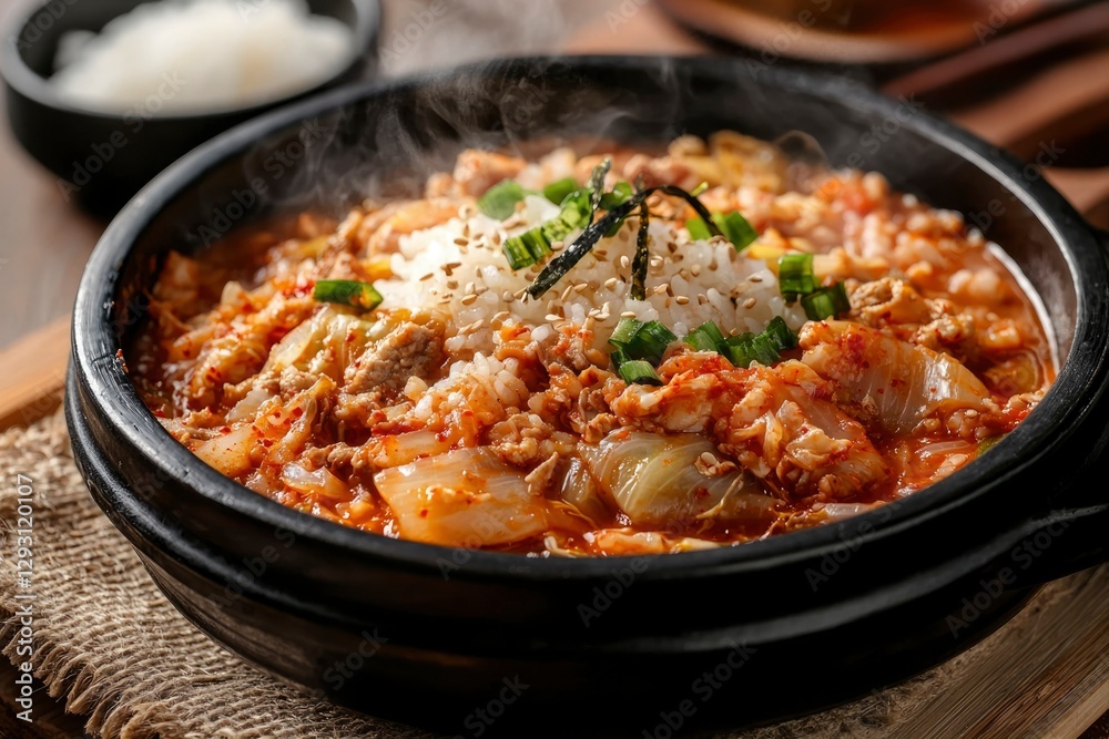 Steaming Kimchi Stew with Rice in Black Bowl on Table Steaming Kimchi Stew with Rice in Black Bowl on Table