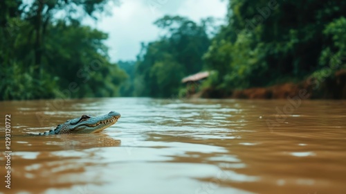Solitary crocodile lurking in the water near a riverbank waiting patiently for unsuspecting prey to come within its hunting range  The reptile s scaly body is partially submerged