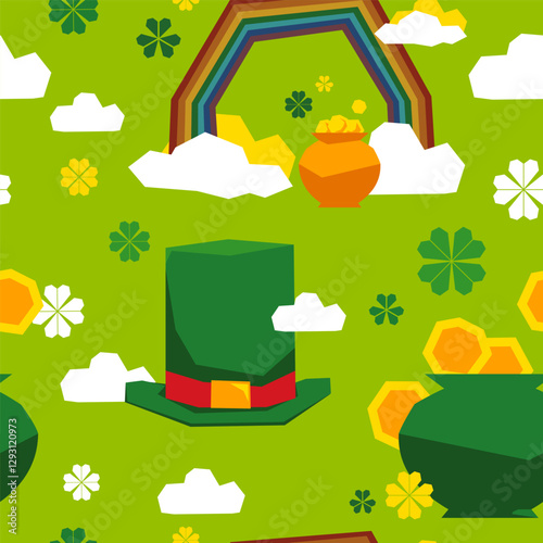 Vector St. Patrick's Day seamless pattern. Bright holiday print. Big Leprechaun hat. Cartoon rainbow, clouds, pot of gold. Many rough-shape icons. Funny festive elements set. Cute graphic background
