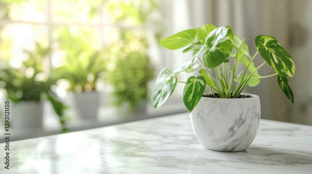 White marble tabletop with a blurred window and green plant background for product display montage White marble tabletop with a blurred window and green plant background for product display montage