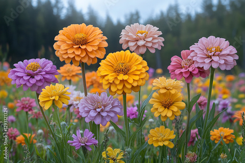A Vibrant Tapestry of Zinnias Embracing the Misty Garden Sunlight