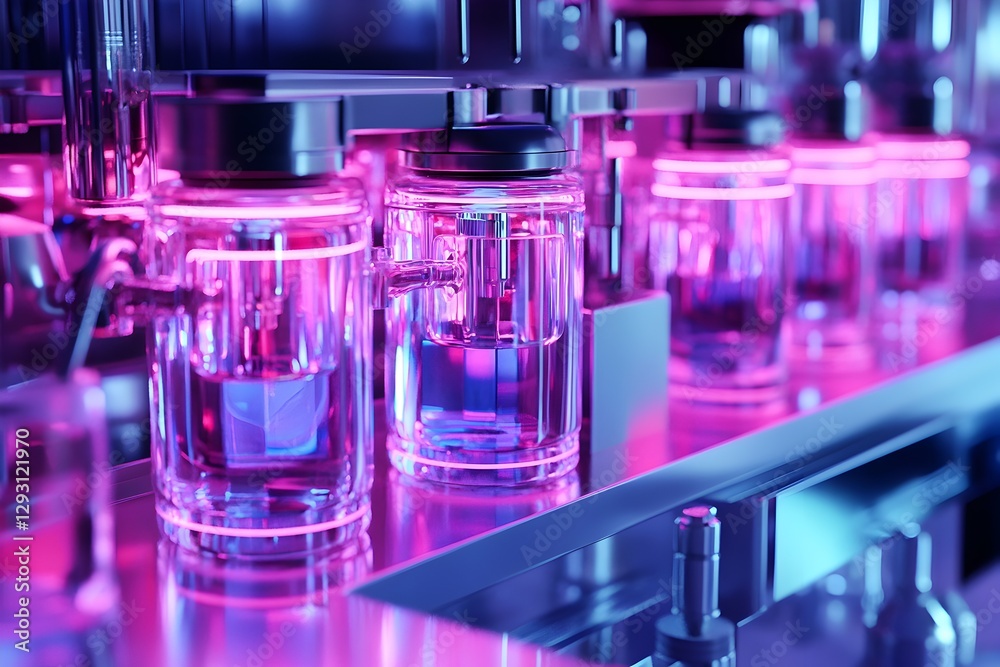 Automated Pharmaceutical Production Line with Neon Illumination and Precision Liquid Handling, showcasing advanced manufacturing technology Automated Pharmaceutical Production Line with Neon Illumination and Precision Liquid Handling, showcasing advanced manufacturing technology