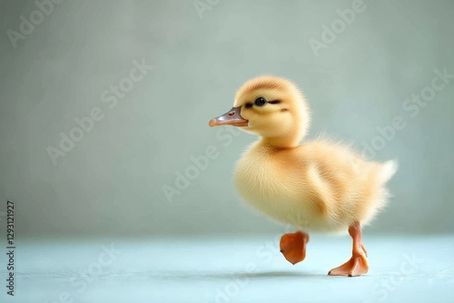 Cute yellow duckling waddling across a light background in a playful and lively manner photo