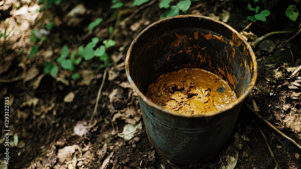 Dirty Bucket Containing Brown Mixture in Forest Environment Dirty Bucket Containing Brown Mixture in Forest Environment