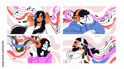 Listening to music, set. Happy people in headphones enjoying song, melody, sound, playing audio track, banners. Characters in head phones with soundtrack, tune, playlist. Flat vector illustration