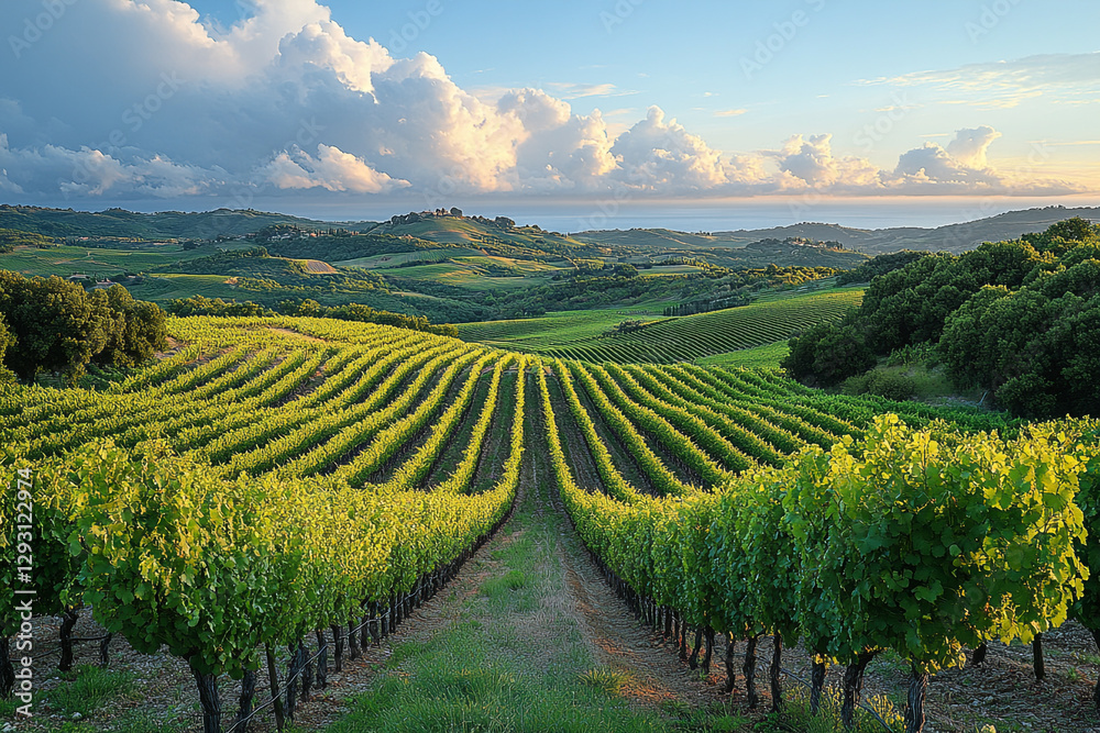 Naklejka premium Rolling Tuscan Vineyards Under a Dramatic Sky at Golden Hour