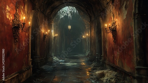 Dark  decaying castle corridor  candles  gothic architecture  game background