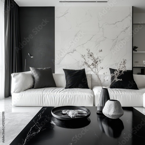 Modern interior of a living room with black and white features photo