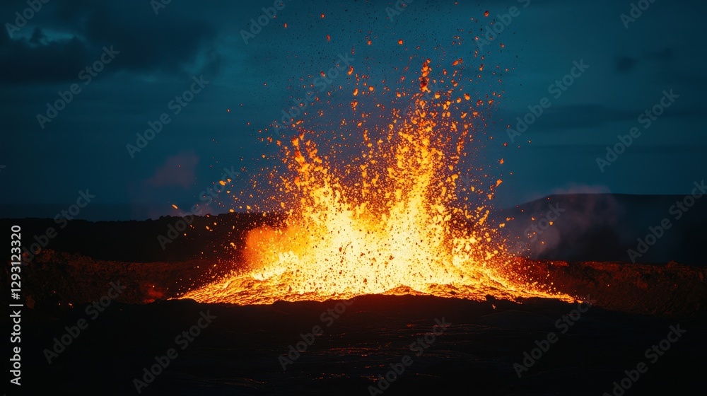 Dramatic Eruption of Molten Lava at Night with Fiery Explosions Dramatic Eruption of Molten Lava at Night with Fiery Explosions