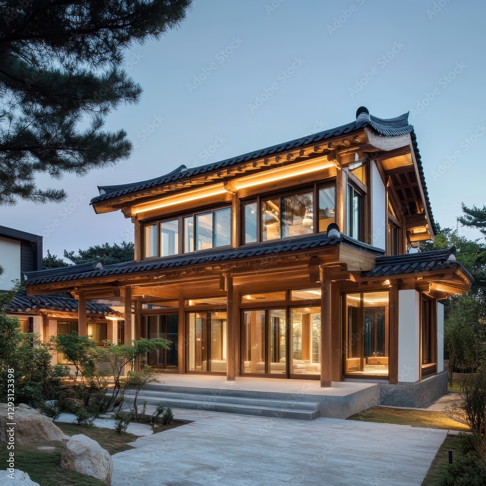 Korean style modern house illuminated at dusk with lights Korean style modern house illuminated at dusk with lights