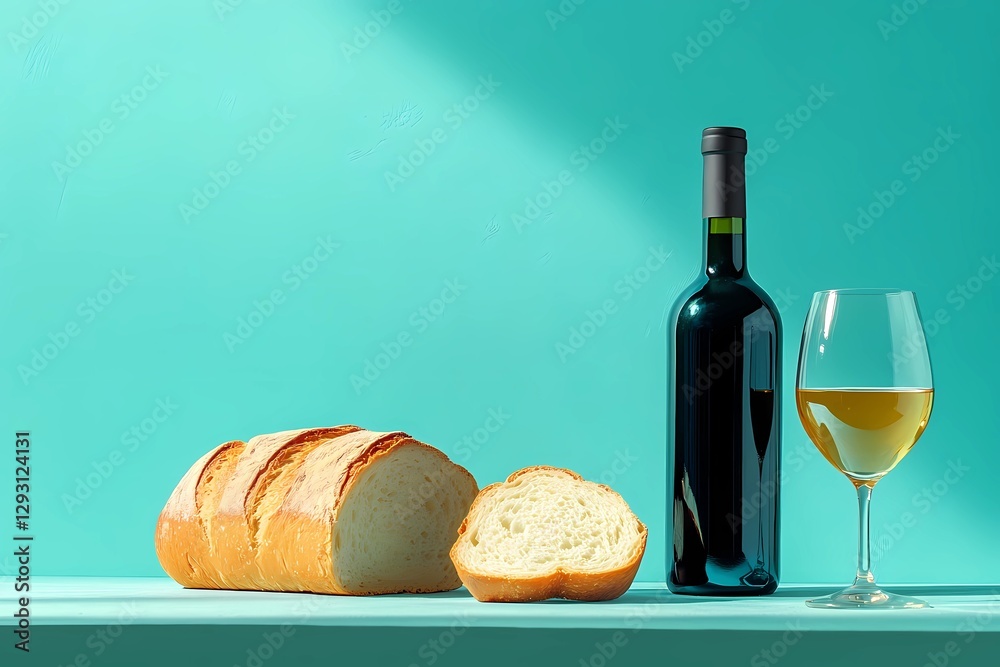 Naklejka premium Still life featuring a bottle of wine and artisan bread on a wooden surface, emphasizing texture, warmth, and elegance, book illustration style