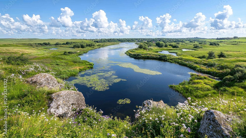 Obraz premium River landscape, summer, scenic view, idyllic countryside