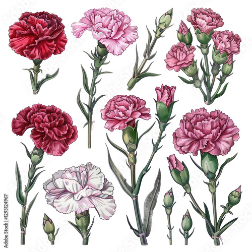 Carnation Floral Set. Hand Drawn Botanical Illustration 