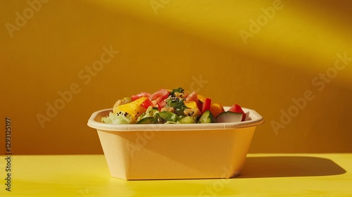 A single eco-friendly takeout container styled with a colorful poke bowl inside. pic