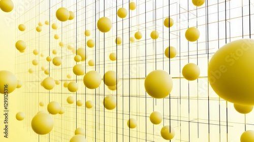 Yellow Spheres Suspended in a Grid-like Architectural Installation