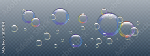 Soap bubbles different sizes on a dark transparent background. Realistic rainbow effect on shampoo and shower gel foam. Glare and reflexes on flying air bubbles. Vector illustration