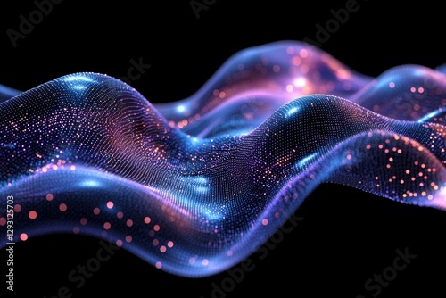 Colorful abstract waves with glowing particles flowing through dark space at night