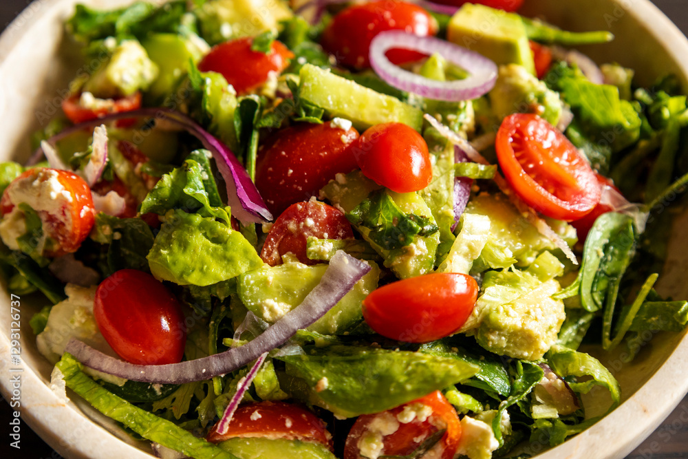 fresh delicious spring salad with lettuce, tomato, cucumber, and feta cheese close-up fresh delicious spring salad with lettuce, tomato, cucumber, and feta cheese close-up