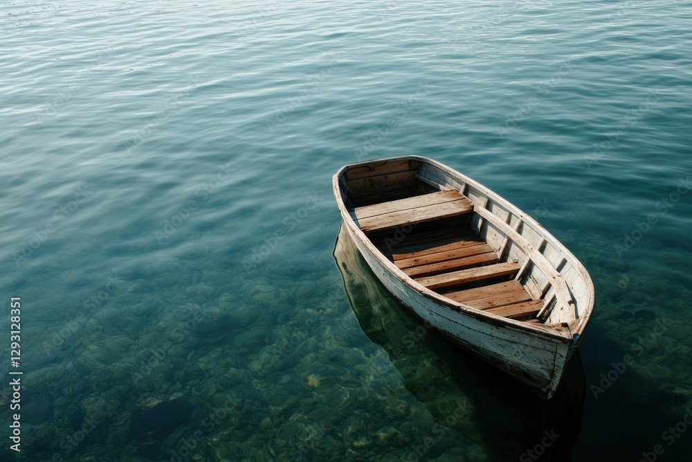 Empty Rowboat Floating on Calm Clear Water Empty Rowboat Floating on Calm Clear Water