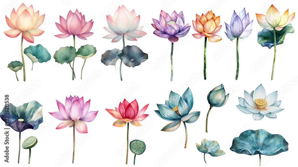 Obraz premium Watercolor Lotus Flower Collection Pink, Purple, Blue, and Orange Blooms