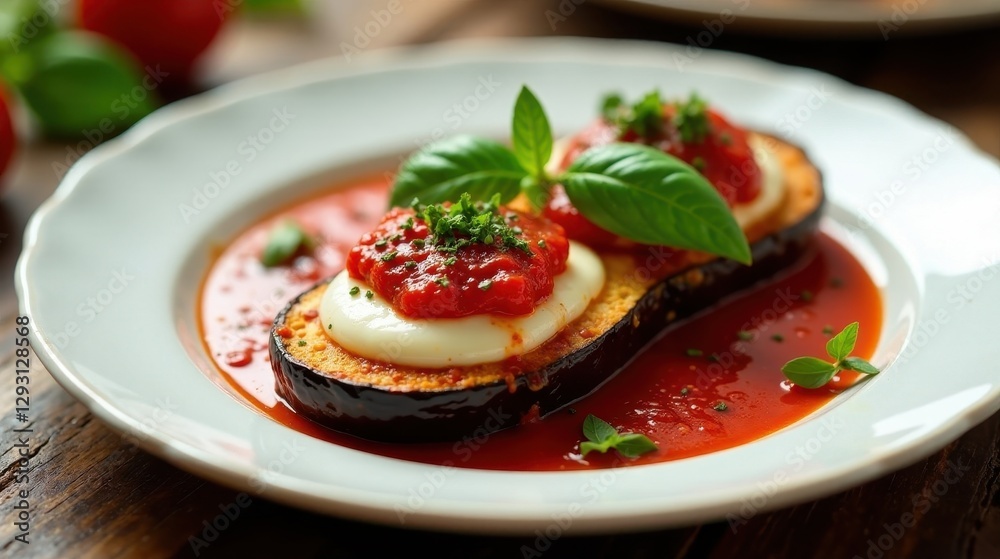 Aromatic Roasted Eggplant Slices Topped with Creamy Cheese and Vibrant Tomato Sauce, Garnished with Fresh Herbs on a Simple White Plate Aromatic Roasted Eggplant Slices Topped with Creamy Cheese and Vibrant Tomato Sauce, Garnished with Fresh Herbs on a Simple White Plate