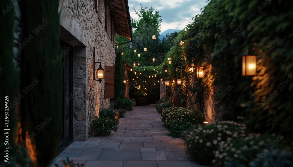 Fototapeta premium Lit Pathway Beside Stone House at Dusk