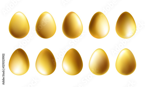 Easter eggs, 3d vector illustration. Happy april golden metal balls hunt, isolated design elements. Spring chocolate gift icon, flying on transparent background. Modern gold color realistic render png