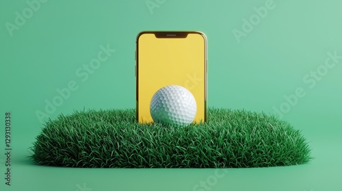 Mobile Phone on Grass with Golf Ball and Yellow Screen Background
