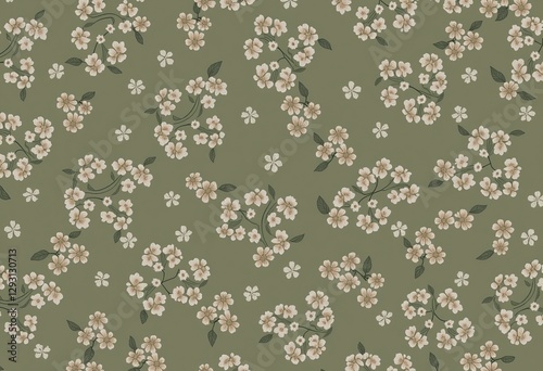 Vintage Floral Softness: A seamless pattern of delicate white flowers and vines on an olive green backdrop, with subtle brown and gray foliage details in 8K.

