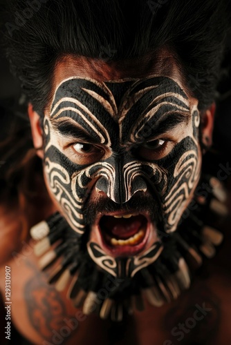 Maori Warrior with Traditional Ta Moko Shouting Fiercely photo