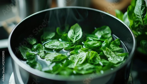 Steaming basil leaves in pot on kitchen stove