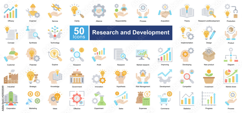 Research and Development icon set in Flat Color style, covering innovation, strategy, market research, and product development. Ideal for business, industry, and scientific research. Research and Development icon set in Flat Color style, covering innovation, strategy, market research, and product development. Ideal for business, industry, and scientific research.