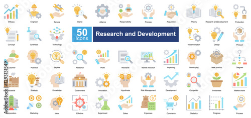 Research and Development icon set in Flat Color style, covering innovation, strategy, market research, and product development. Ideal for business, industry, and scientific research.