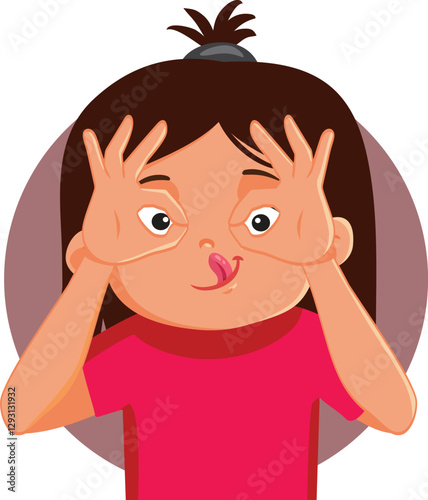 Girl Looking Through Imaginary Eyeglasses Vector Cartoon. Silly goofy child making faces and expressions
