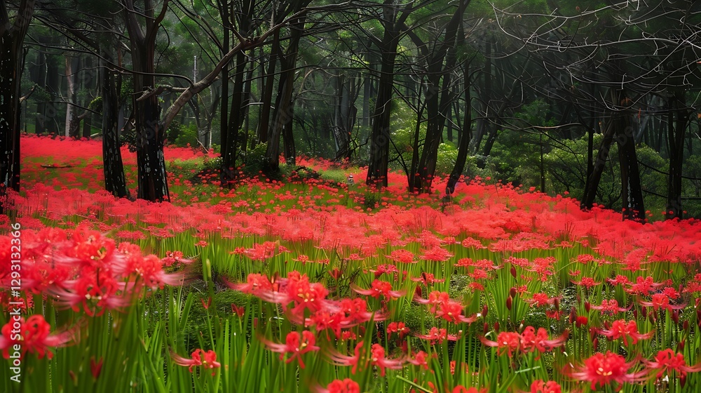 Vibrant Red Flowers Blooming Under Tall Trees in Serene Forest Landscape Vibrant Red Flowers Blooming Under Tall Trees in Serene Forest Landscape