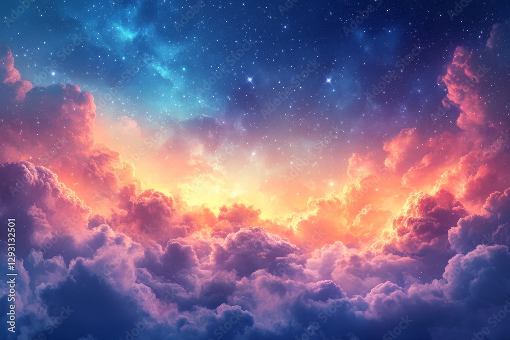 Fototapeta premium Vibrant sunset sky with colorful clouds illuminated by stars in twilight hours