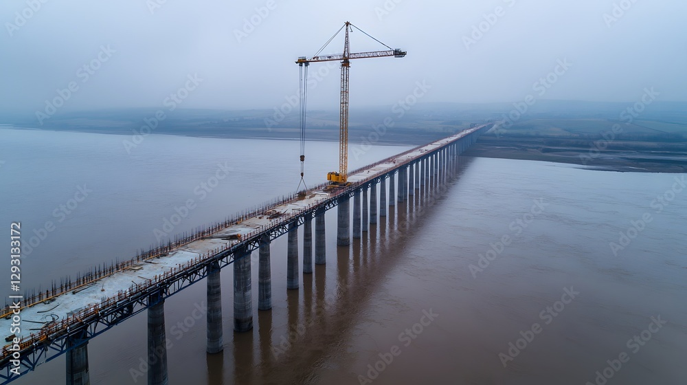 Aerial View of an Incomplete Bridge Under Construction with Crane Over River Landscape Aerial View of an Incomplete Bridge Under Construction with Crane Over River Landscape
