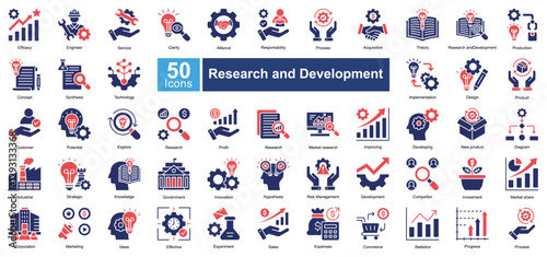 Research and Development icon set in Mixed style, covering innovation, strategy, market research, and product development. Ideal for business, industry, and scientific research.