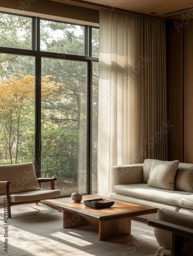 A minimalist living room depicts a serene and calm interior